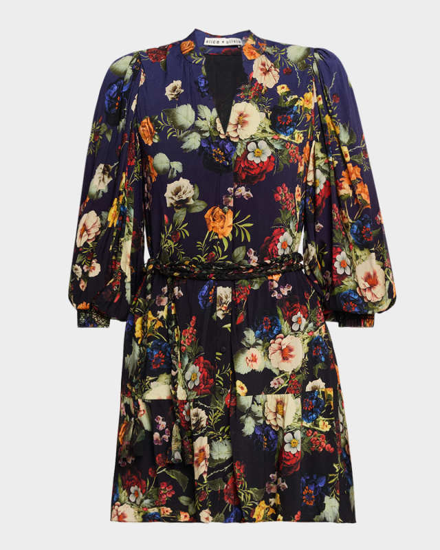 Antonette Floral Belted Long-Sleeve Mini Dress